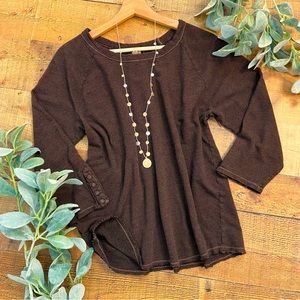 Chocolate Brown Waffle Crew Neck Pullover, 4 Buttons at Wrists 3/4 Sleeves